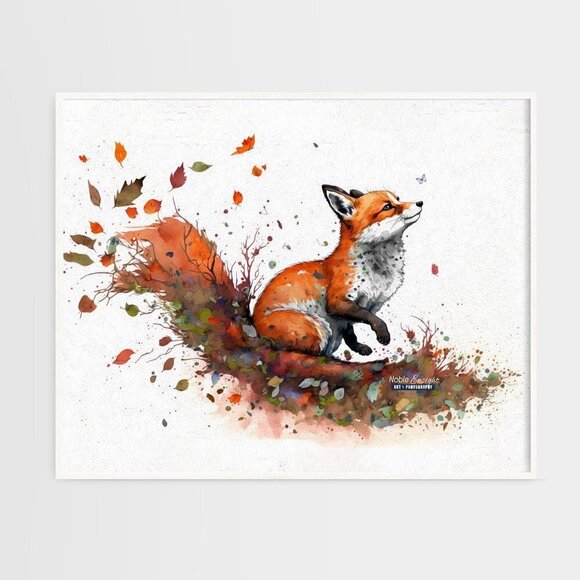 Fox with Butterfly Watercolor Oil Painting Art‎ 20x30 Wall Print - Picture 9 of 9